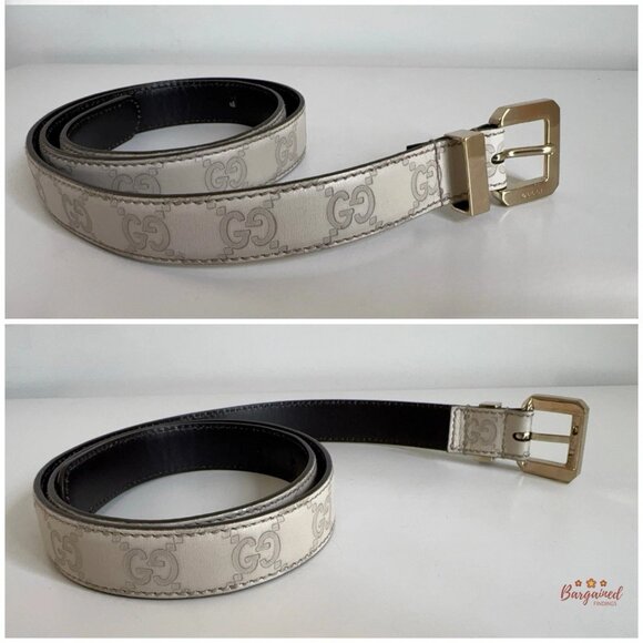 Authentic Gucci Cream Monogram Leather Gold Buckle Belt 85/34 - Picture 8 of 13
